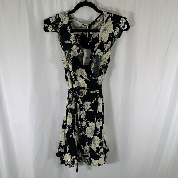 New Free People Mini Dress Women's Small Black Floral Vneck Tie Front Sleeveless - Picture 1 of 9